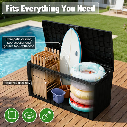 35- or 75-Gallon Outdoor Deck Box with Hinged Lid, Side Grips and Black or Beige Model Options