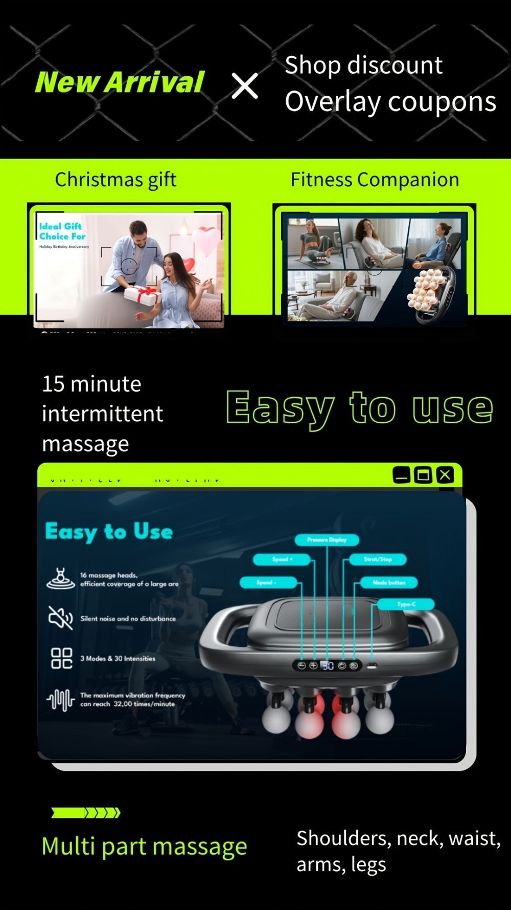 Multihead Massage Gun in Gray with 12, 16 or 22 Massage Heads, Nine Gear Positions and Nine Mode Groups
