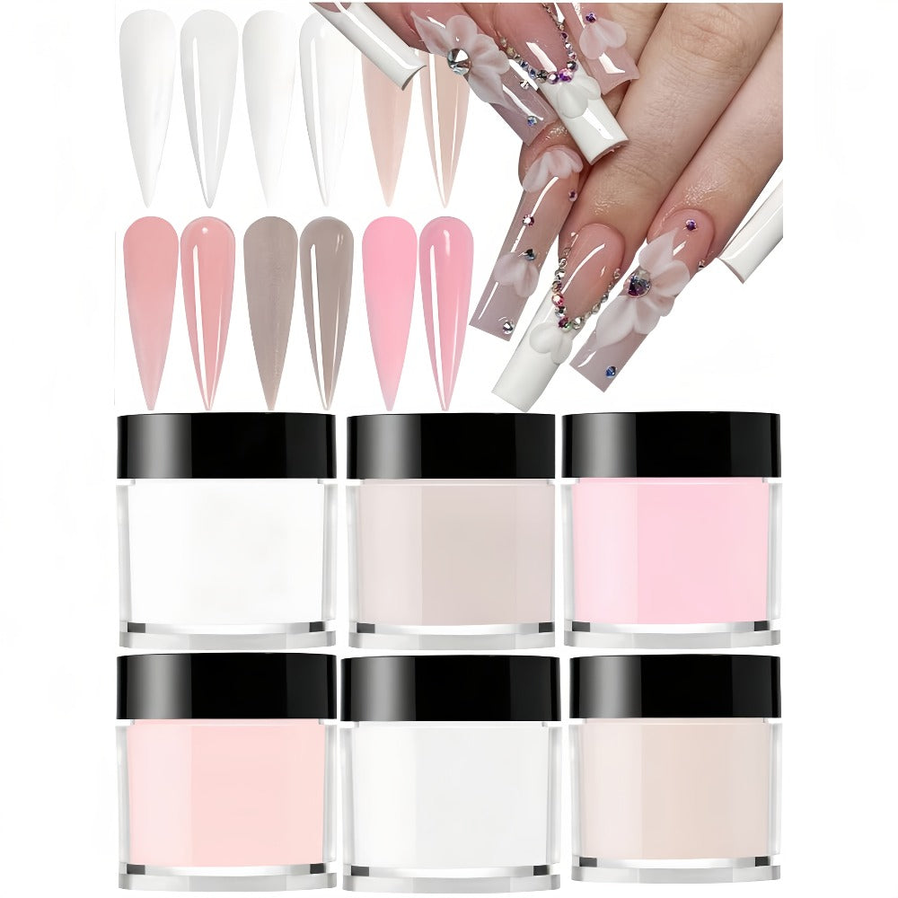 Six-Color Acrylic Nail Powder Set with Six 10g Jars in Light Nude, Pink and White Tones, Set 04
