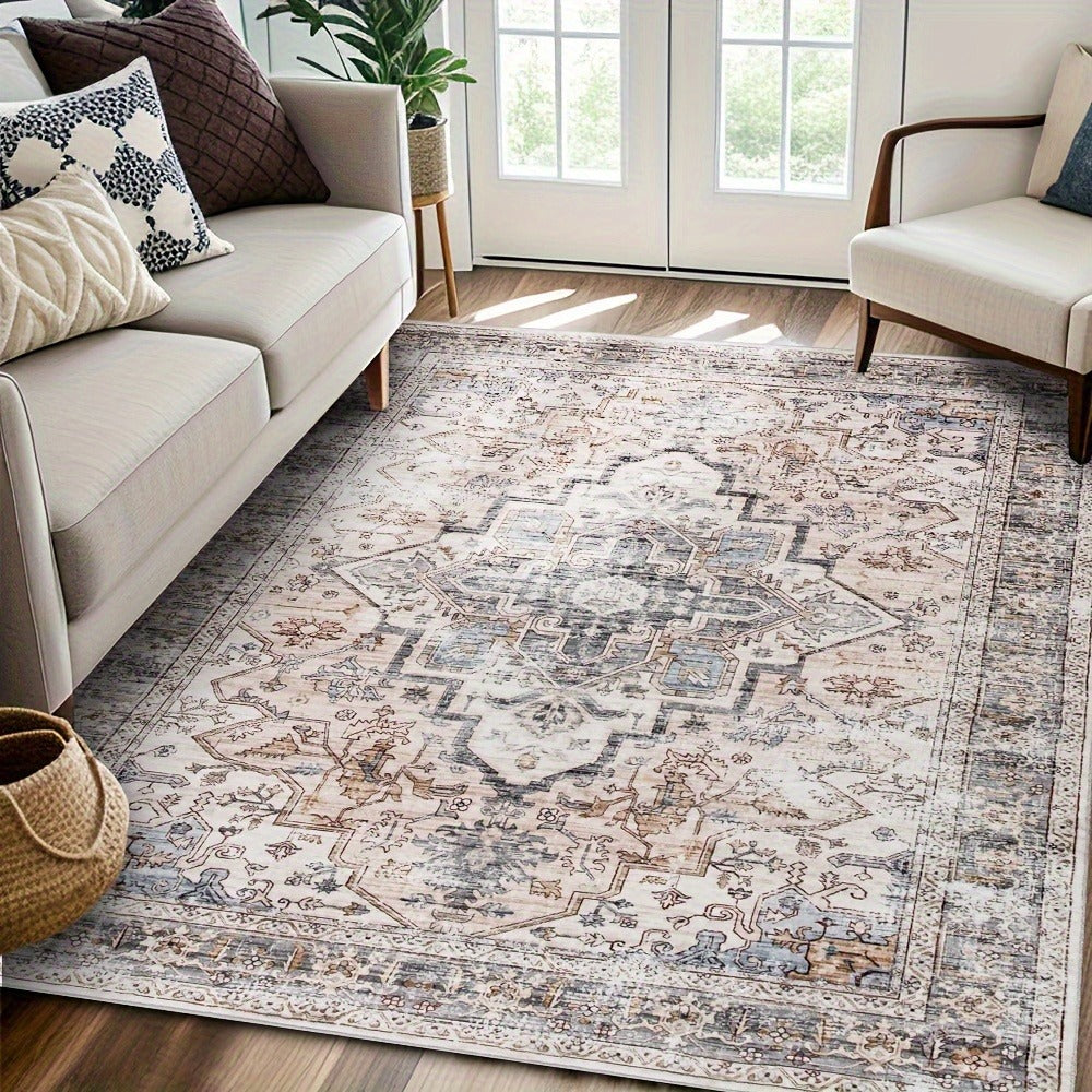 Area Rug Bohemian Retro Design in Beige or Grey with Six Foldable Machine-Washable Room Sizes