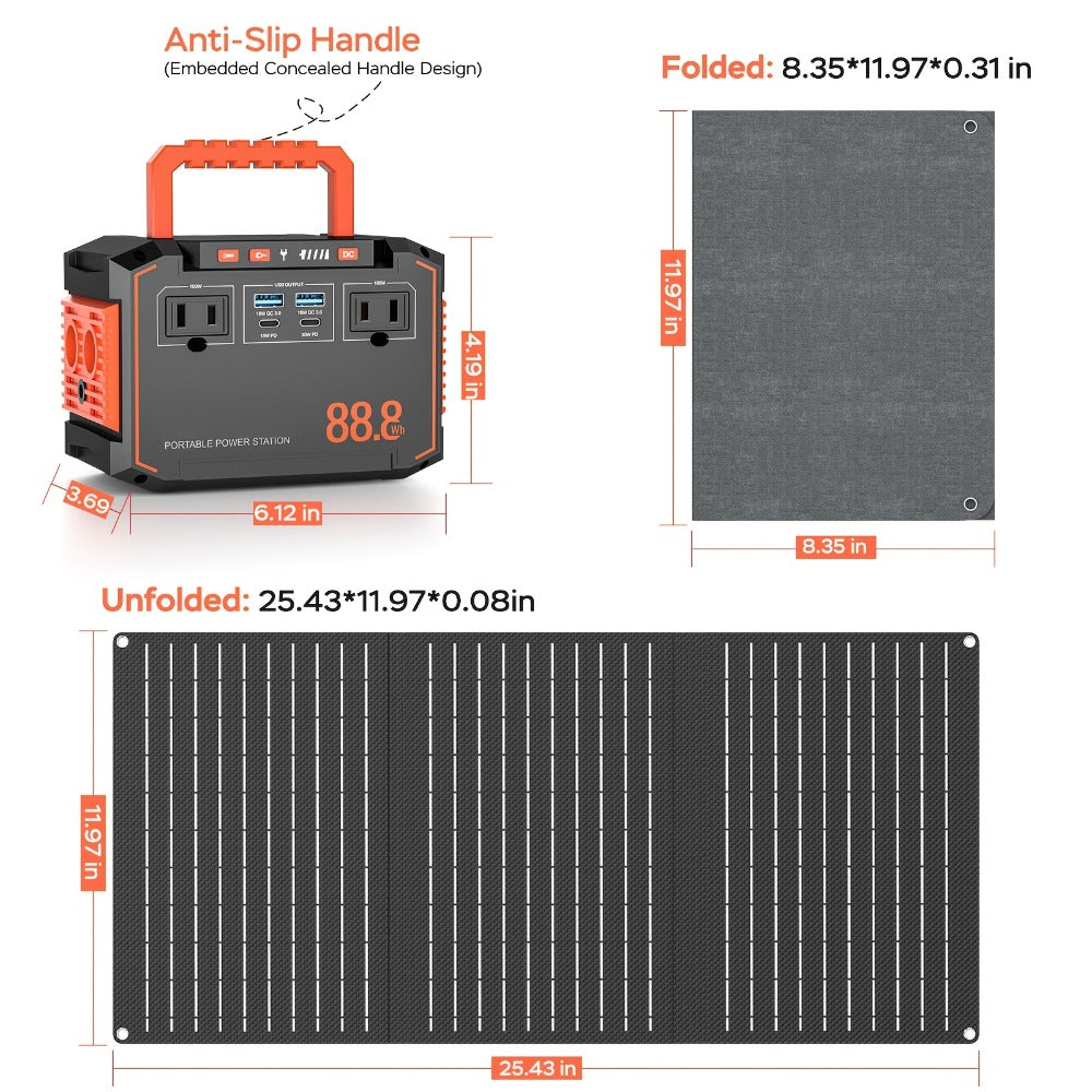 Solar Generator Portable Power Station 88.8Wh 111Wh 237Wh with Foldable Solar Panel, 100W Pure Sine Wave AC Output USB-C PD USB QC3.0 DC LED Emergency Light for Camping RV Hiking & Home Backup Power