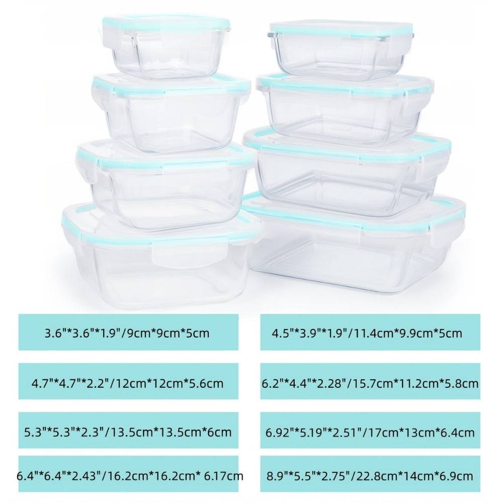 Sixteen-Piece Glass Food Storage Set with Eight Bowls and Eight Lids in Four Color Configurations