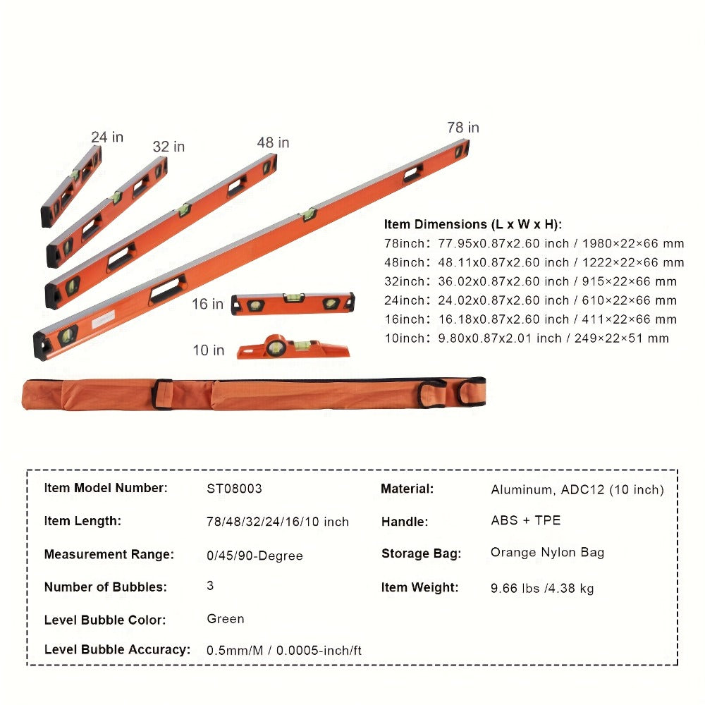 Six-Piece Magnetic-Style Spirit Level Set in 10, 16, 24, 32, 48 and 78 Inch Lengths for Workshop Layout