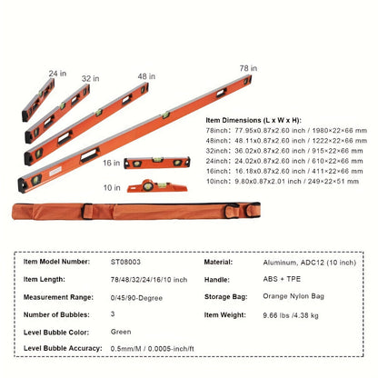 Six-Piece Magnetic-Style Spirit Level Set in 10, 16, 24, 32, 48 and 78 Inch Lengths for Workshop Layout