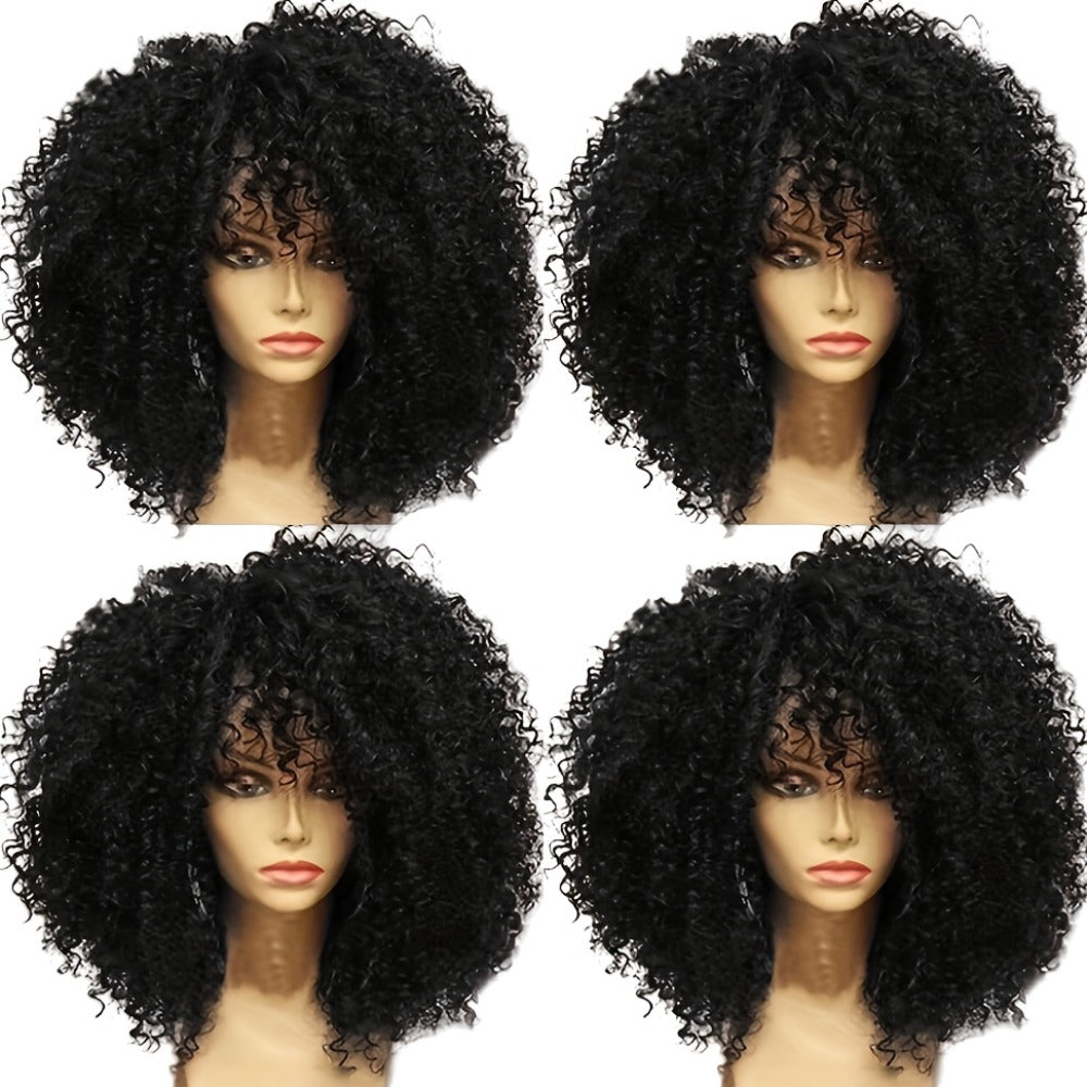 Synthetic Wig 16-Inch Kinky Curly Afro with Bangs in Color 1B and Elastic Cap for Parties and Cosplay