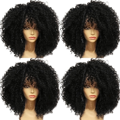 Synthetic Wig 16-Inch Kinky Curly Afro with Bangs in Color 1B and Elastic Cap for Parties and Cosplay