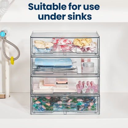 Clear Stackable Desk Drawer Organizer, Acrylic Plastic Storage Bins for Office Desk Organization, Transparent Drawer Divider Bins for Home, Studio & Vanity Table, 2 or 4 Pack Wide Organizer Trays