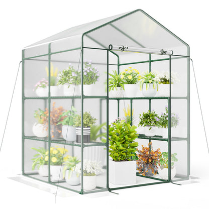 55 x 57 x 77-Inch Walk-In Greenhouse with Transparent Cover, Roll-Up Door and Eight Side Shelves
