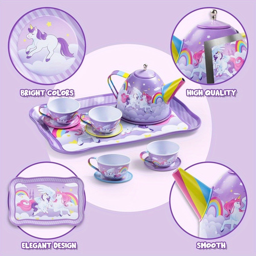 Purple Unicorn Tin Tea Set in Carry Case with Teapot, Four Cups, Four Saucers and Five Plates