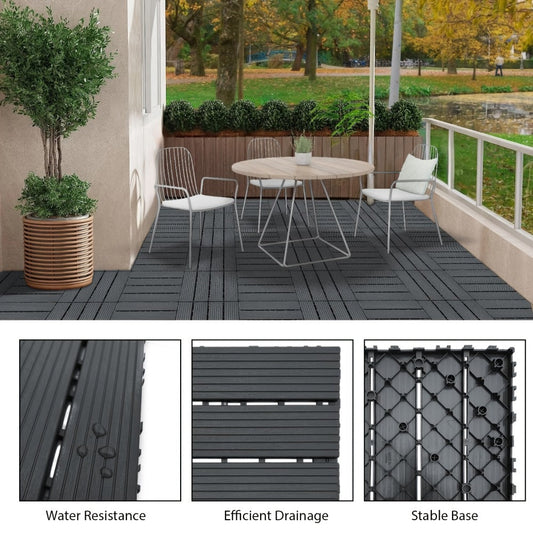 Gray 44-Piece Interlocking Deck Tile Set with 12-Inch Square Parallel-Slat Drainage Pattern