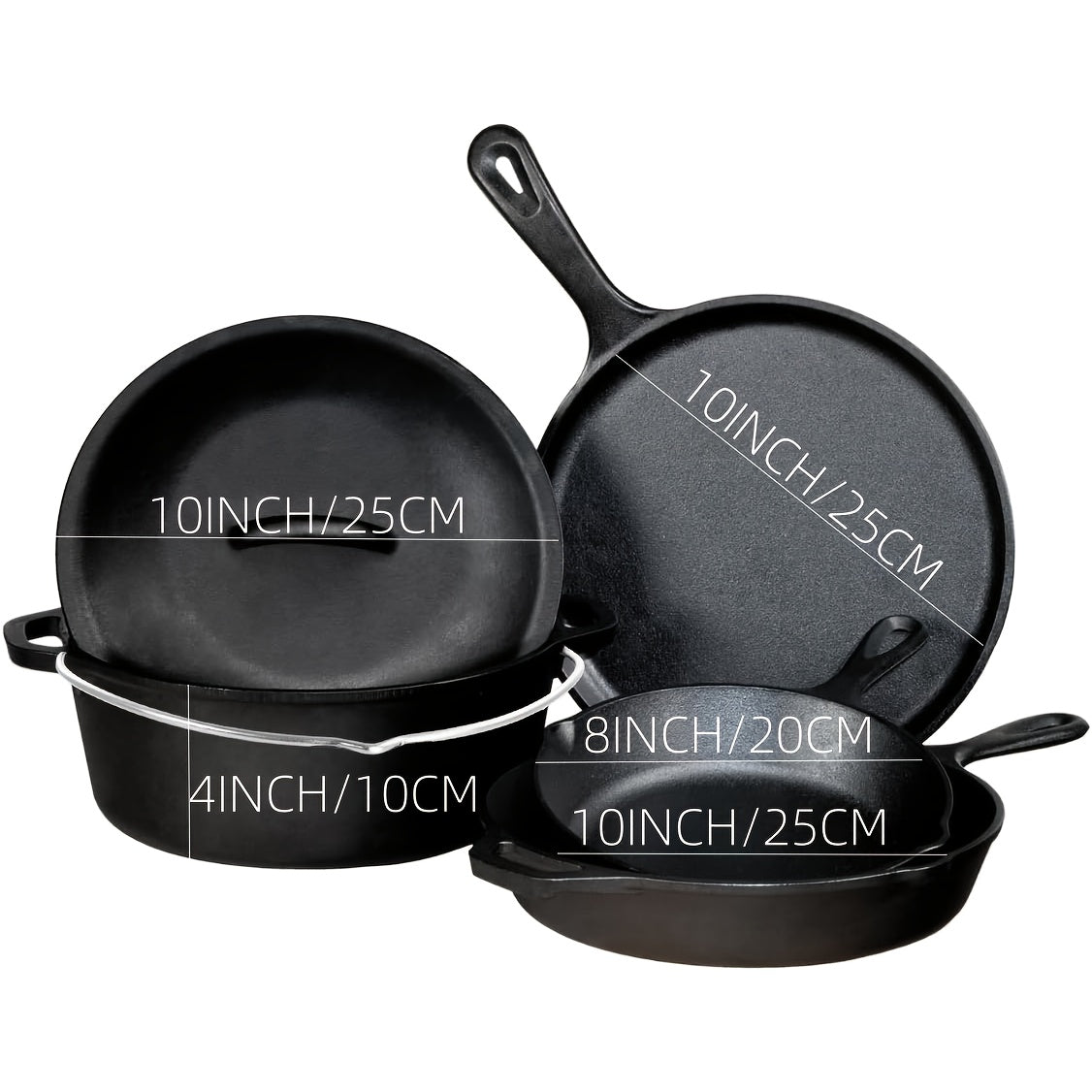 Cast Iron Cookware Collection with Eight Skillet, Dutch Pot, Griddle, Baking Tray and Set Configurations