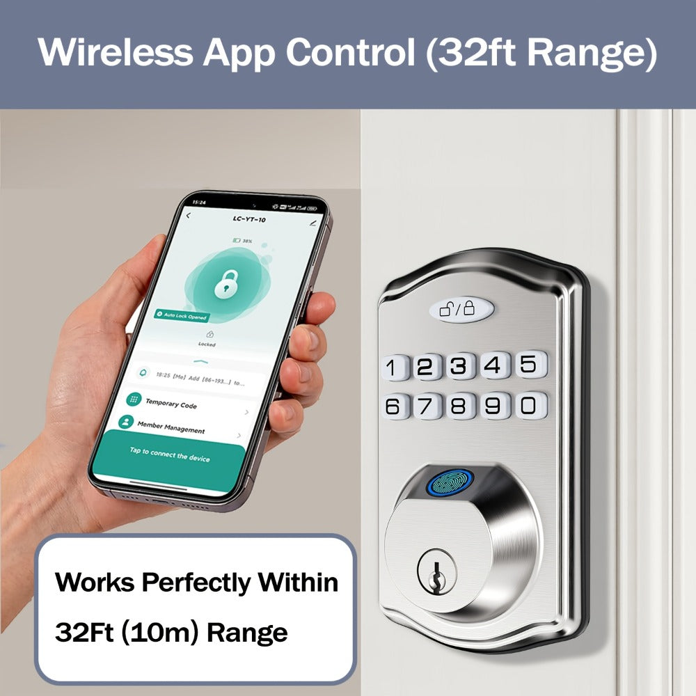 Heavy Duty Smart Deadbolt with Biometric Fingerprint & Keypad - App Control, Auto-Lock, Keyless Entry for Front Door, Office & Apartment, Zinc Alloy, Optional Handle Set Included