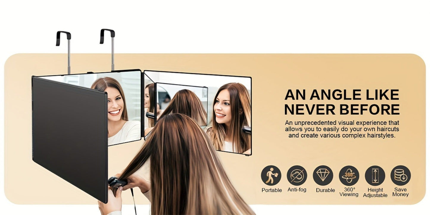 Three-Way Hair Cutting Mirror with Folding Panels, Adjustable Door Hooks and LED, Non-LED or Two-Pack Options