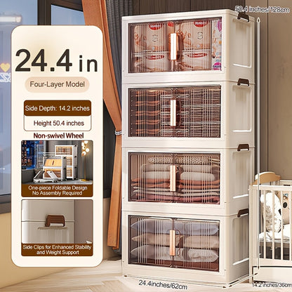 Storage Cabinet Folding Plastic Organizer with Magnetic Doors, Lockable Wheels and Three to Five Tiers