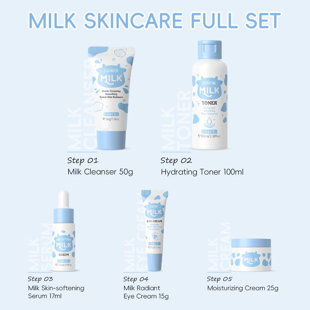 Skincare Set with LAIKOU Label, 5 Milk Niacinamide Alpha-Arbutin Items with Cleanser Toner Serum and Creams