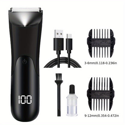 Ceramic Blade Groin Trimmer for Men USB Rechargeable Electric Body Hair Shaver Dry Wet Use 2 Protective Covers 500mAh Lithium Battery Pubic Chest Back Grooming Gift Valentine Father's Day