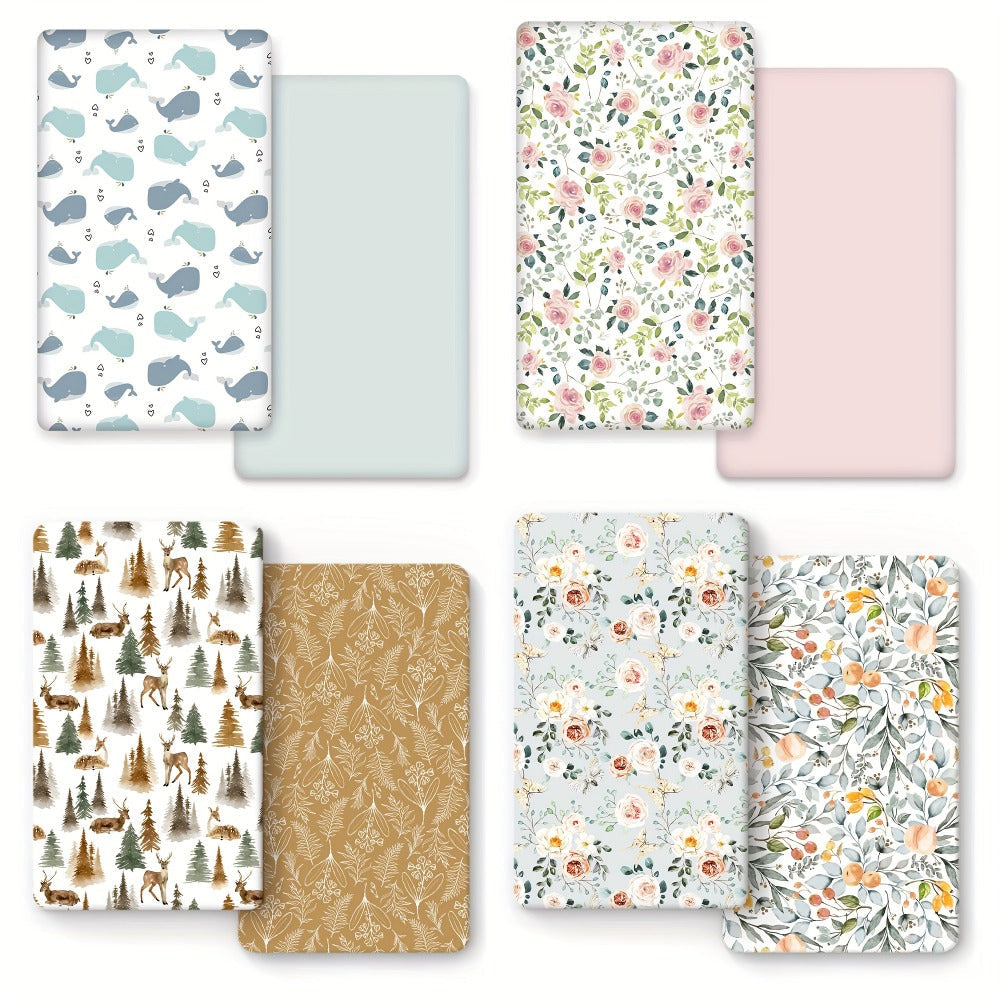 Fitted Sheet 2 Pack Super Soft Microfiber Mattress Cover Cute Animal Flower Pattern Pink Flower Whale Deer Home Travel Machine Washable Unisex Christmas Gift