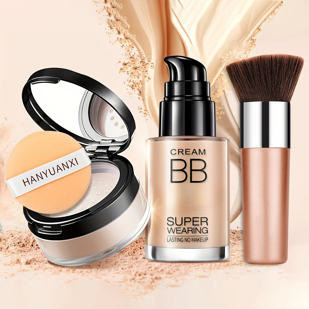 BB Cream Makeup Kit with Powder, Brush and Sponge in Three Exact Numbered Shade Options for Face Makeup
