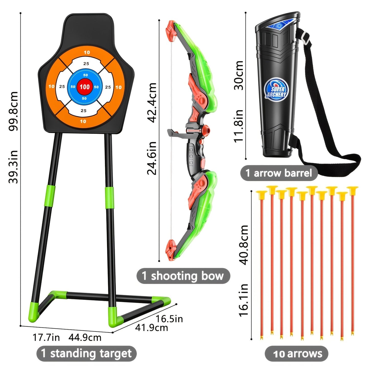 Kids Bow and Arrow Archery Set 10 Suction Cup Arrows Quiver Standing Target Safe Outdoor Toy Boys Girls Ages 3+ Birthday Christmas Holiday Gift Young Archers Green