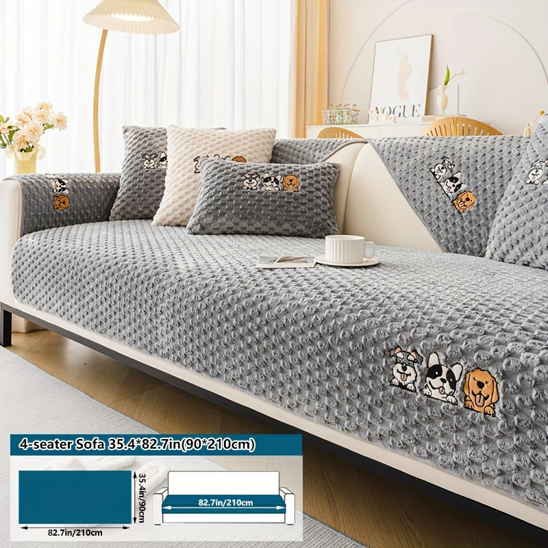 Sofa Cover, Honeycomb Velvet Animal-Embroidered Couch Pad with Non-Slip Backing in Three Colors