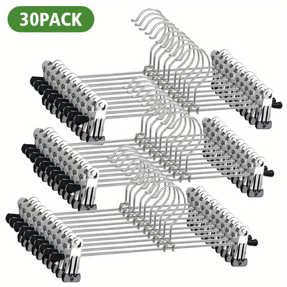 Thirty-Piece Adjustable Metal Pants Hanger Set with Swivel Hooks and Sliding Clips for Closet Organization