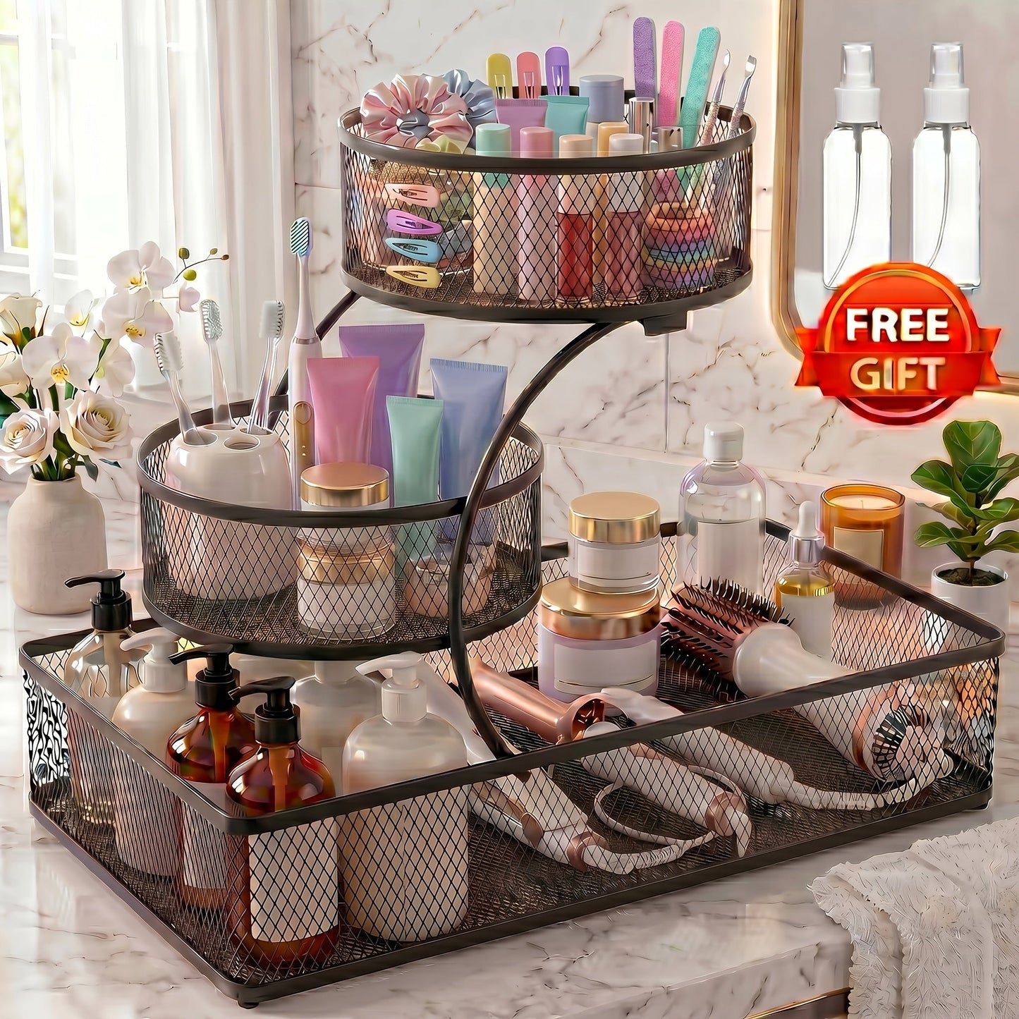 Bathroom Storage Rack 3-Tier Metal Countertop Organizer with Spray Bottle & Hooks – Rust-Resistant Diamond Mesh Shelf for Vanity, Skincare, Cosmetics & Toiletries