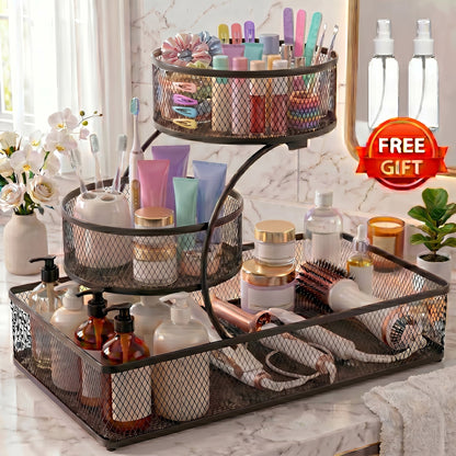 Bathroom Storage Rack 3-Tier Metal Countertop Organizer with Spray Bottle & Hooks – Rust-Resistant Diamond Mesh Shelf for Vanity, Skincare, Cosmetics & Toiletries