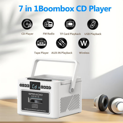 Portable CD and Cassette Player with FM Radio, Tape Recording, AUX, SD, USB and 3.5 mm Audio Connections
