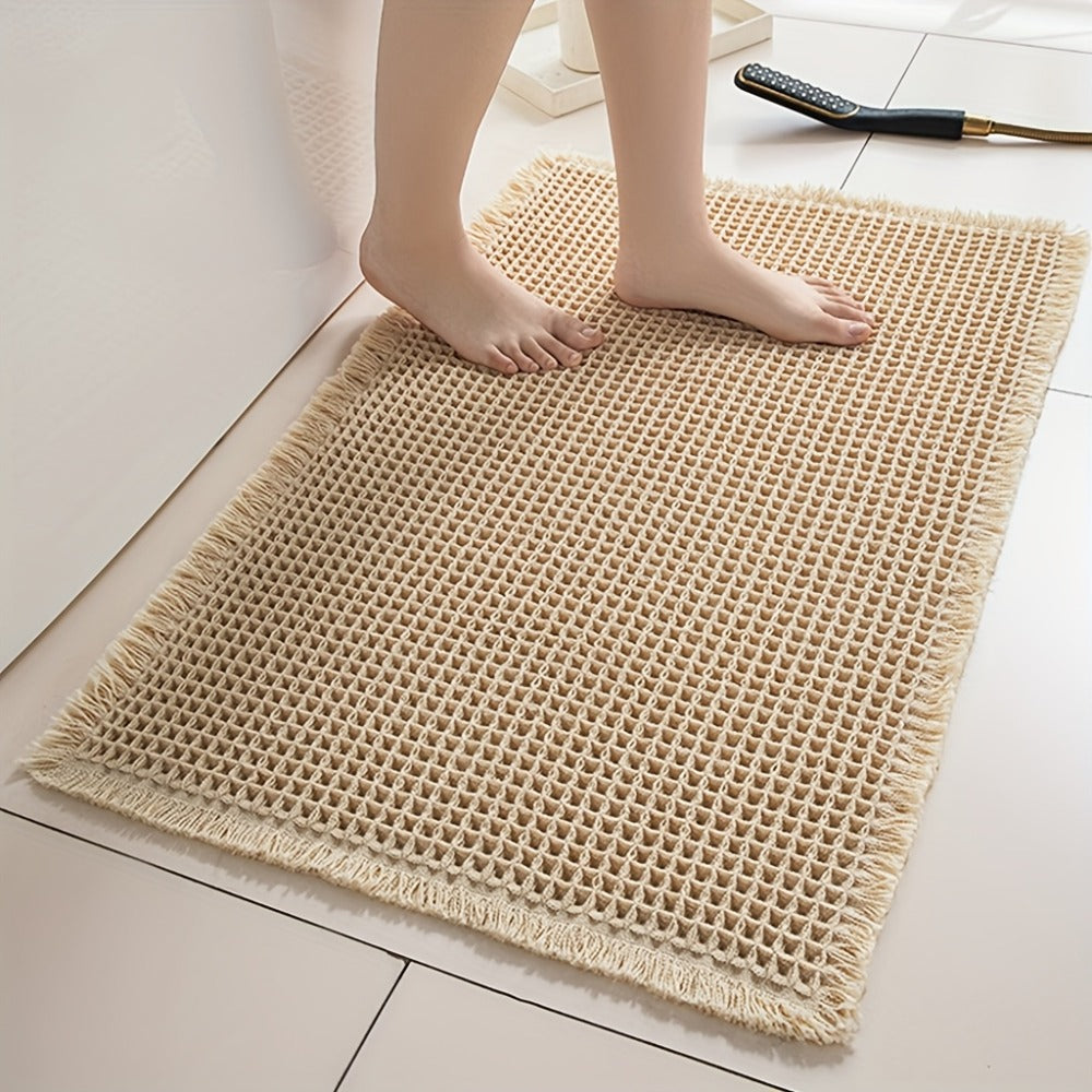 Tasseled Knit Bath Mat with Rectangular Profile, Fringed Edges and 18 x 30 or 24 x 36-Inch Size Options