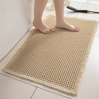 Tasseled Knit Bath Mat with Rectangular Profile, Fringed Edges and 18 x 30 or 24 x 36-Inch Size Options