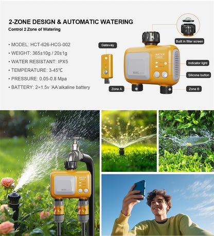 Dual-Outlet WiFi Hose Timer with Gateway, Two Independent Watering Zones and HCT-626-UN Controller