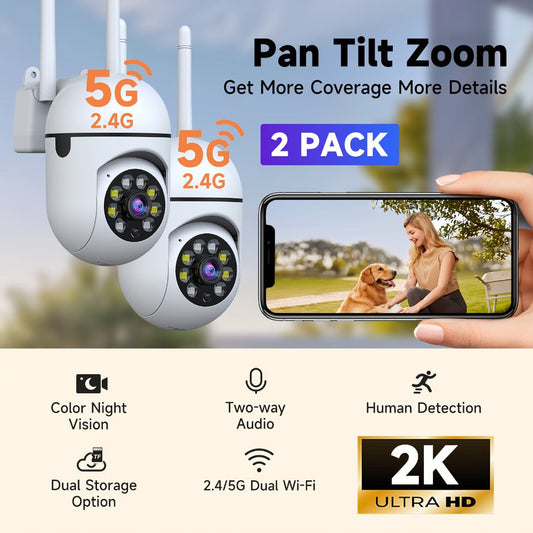 2-Pack Indoor Security Camera 2K QHD, Dual-Band 2.4/5GHz WiFi, 355° Pan PTZ, AI Motion Tracking, Full-Color Night Vision, Two-Way Audio, SD & Cloud Storage – Baby Monitor Pet Cam Home Surveillance