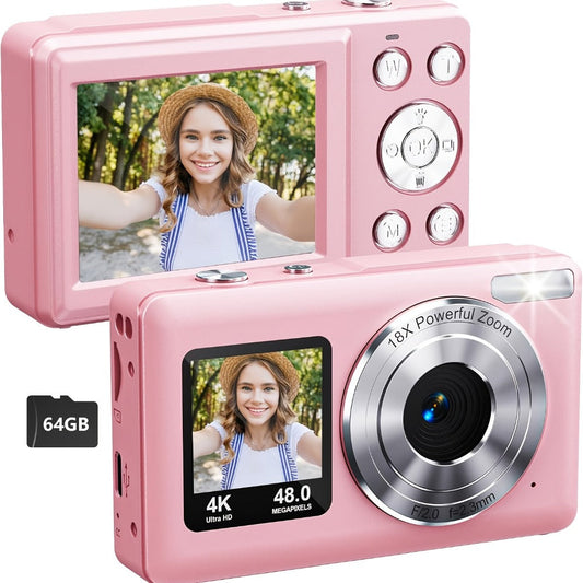 4K Dual Screen Digital Camera 18X Zoom Vlogging Camera with Anti-Shake 64GB Card & 2 Batteries – Selfie Point and Shoot Camera Gift for Friends Family