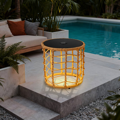 Outdoor Side Table Set of 2 Nesting PE Wicker Frames with Tempered Glass Tops for Patio or Balcony Layouts