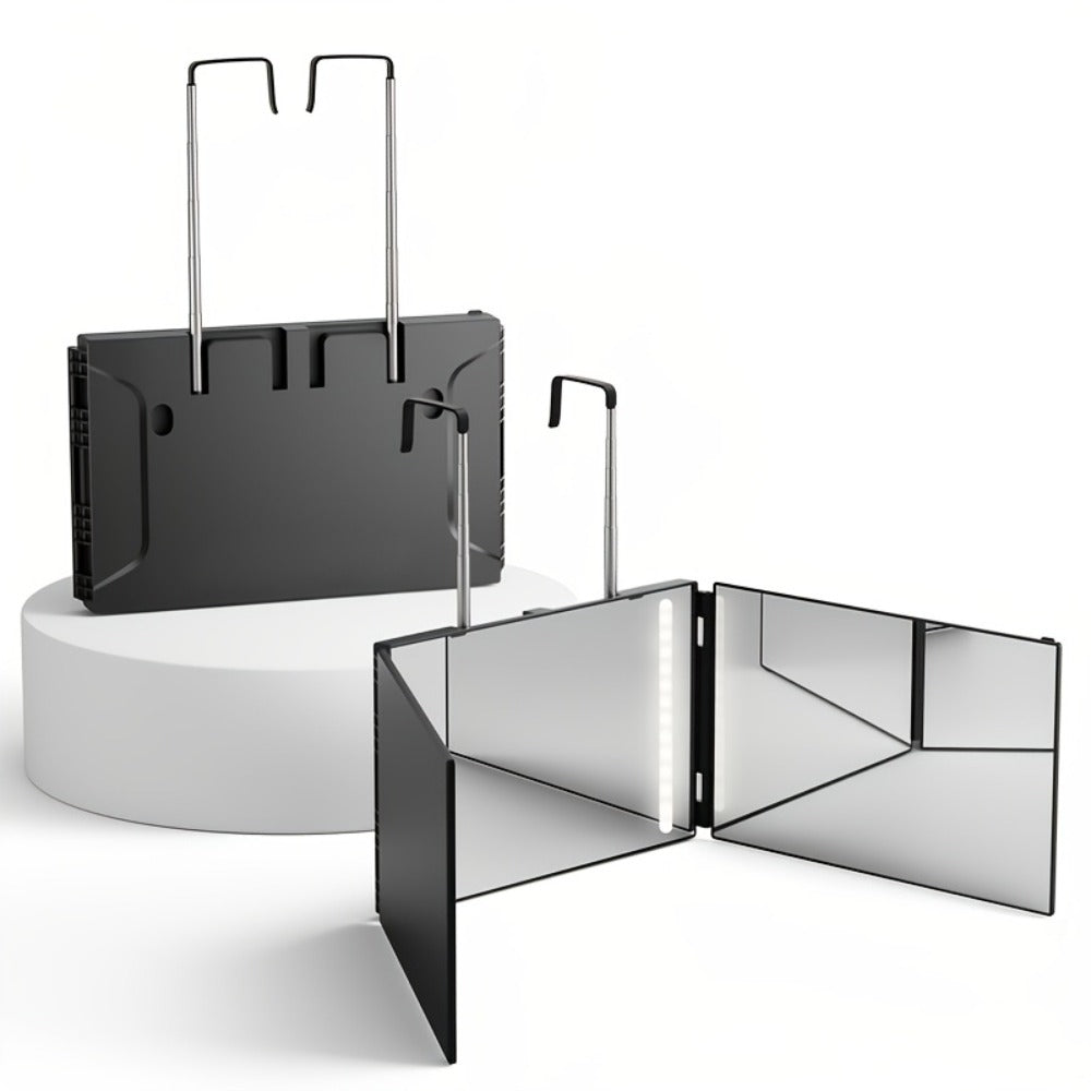 3 Way Mirror for Self Hair Cutting with LED Lights, 360° View Anti-Fog HD Glass USB Rechargeable Folding Barber Mirror for Home Salon