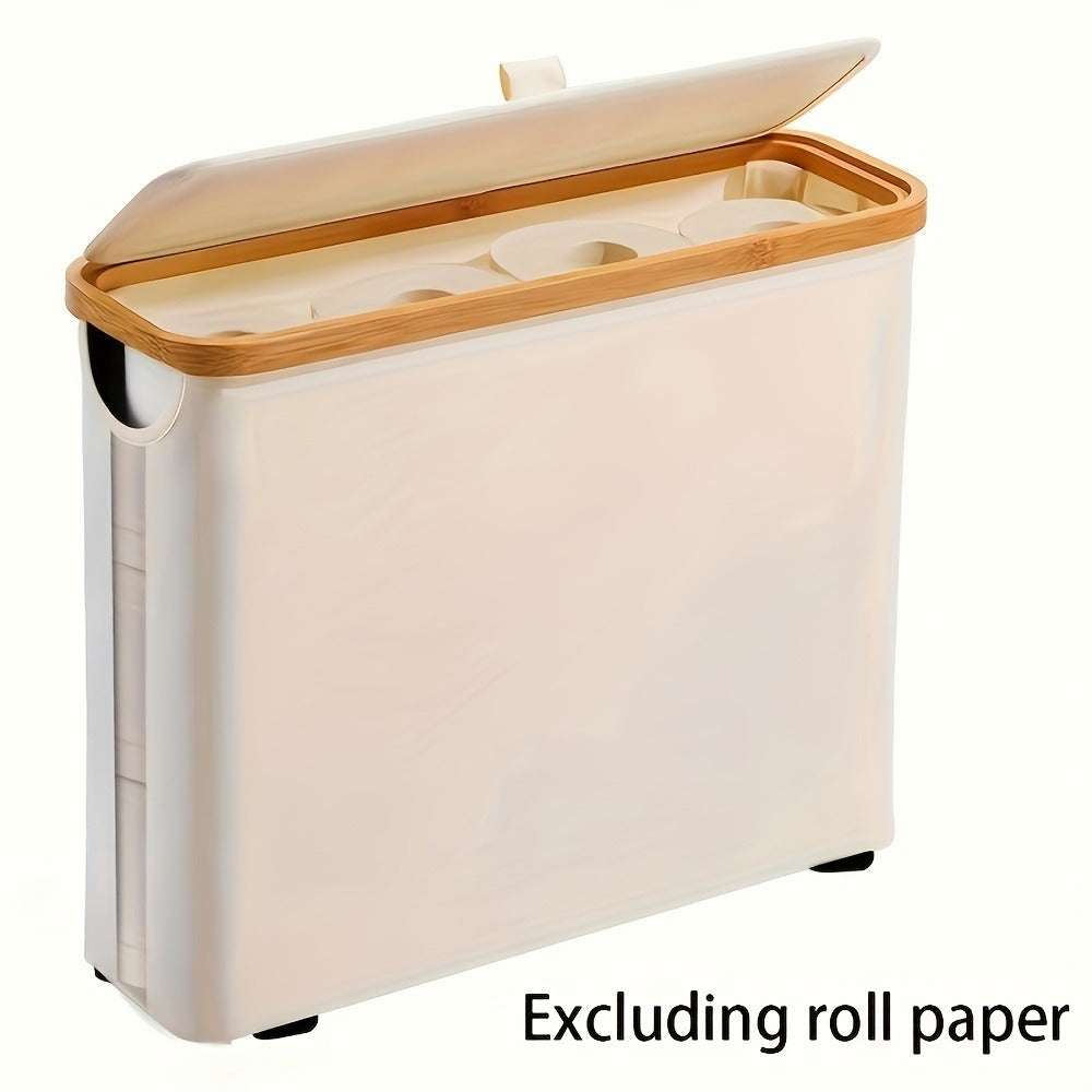 Lidded Toilet Paper Storage Basket with Bamboo-Style Rim in Five Color and Accessory Configurations