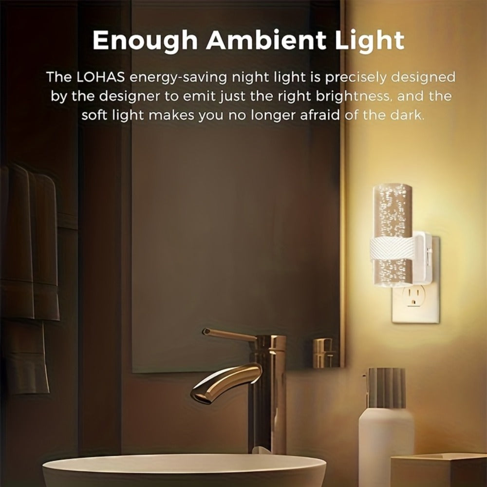 Two-Pack 3000K Plug-In Night Lights with Bubble-Pattern Shades, Light Sensors and Black or White Bases
