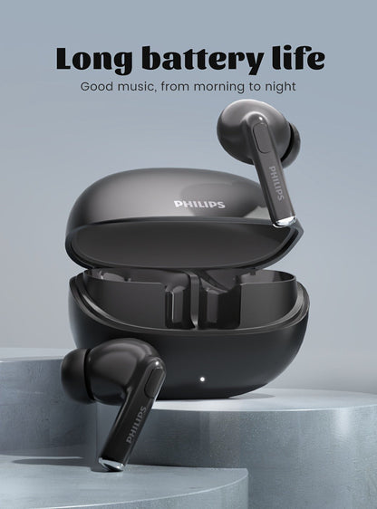 Philips TWS Earbuds Condenser Microphone True Wireless In-Ear Headphones USB-C Charging Case Android Compatible Portable Modern Design Tech Gift Black White