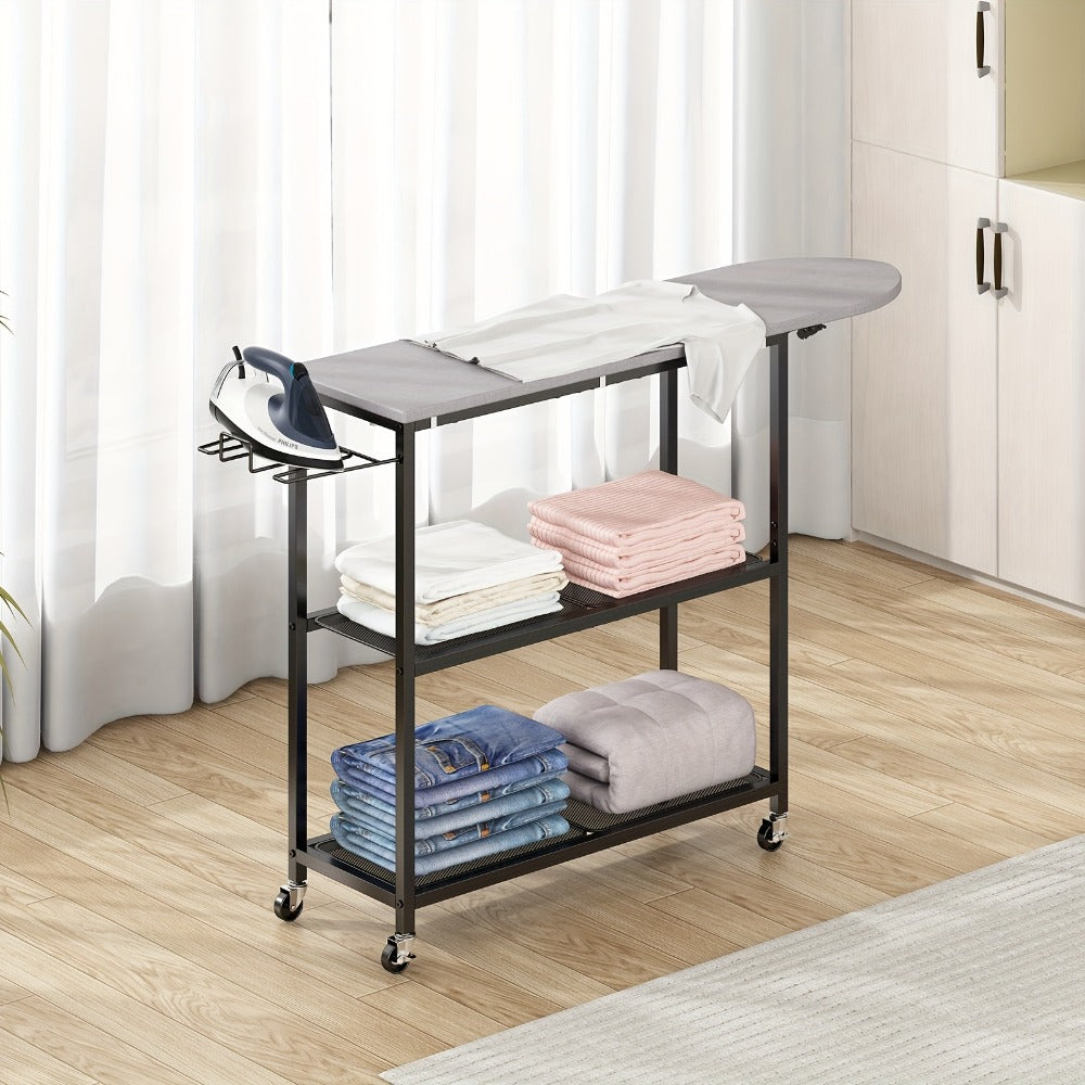 3-Tier Ironing Board Cart with Wheels – Rolling Laundry Station with Multi-Layer Storage Shelves for Living Room, Bedroom & Outdoor Use