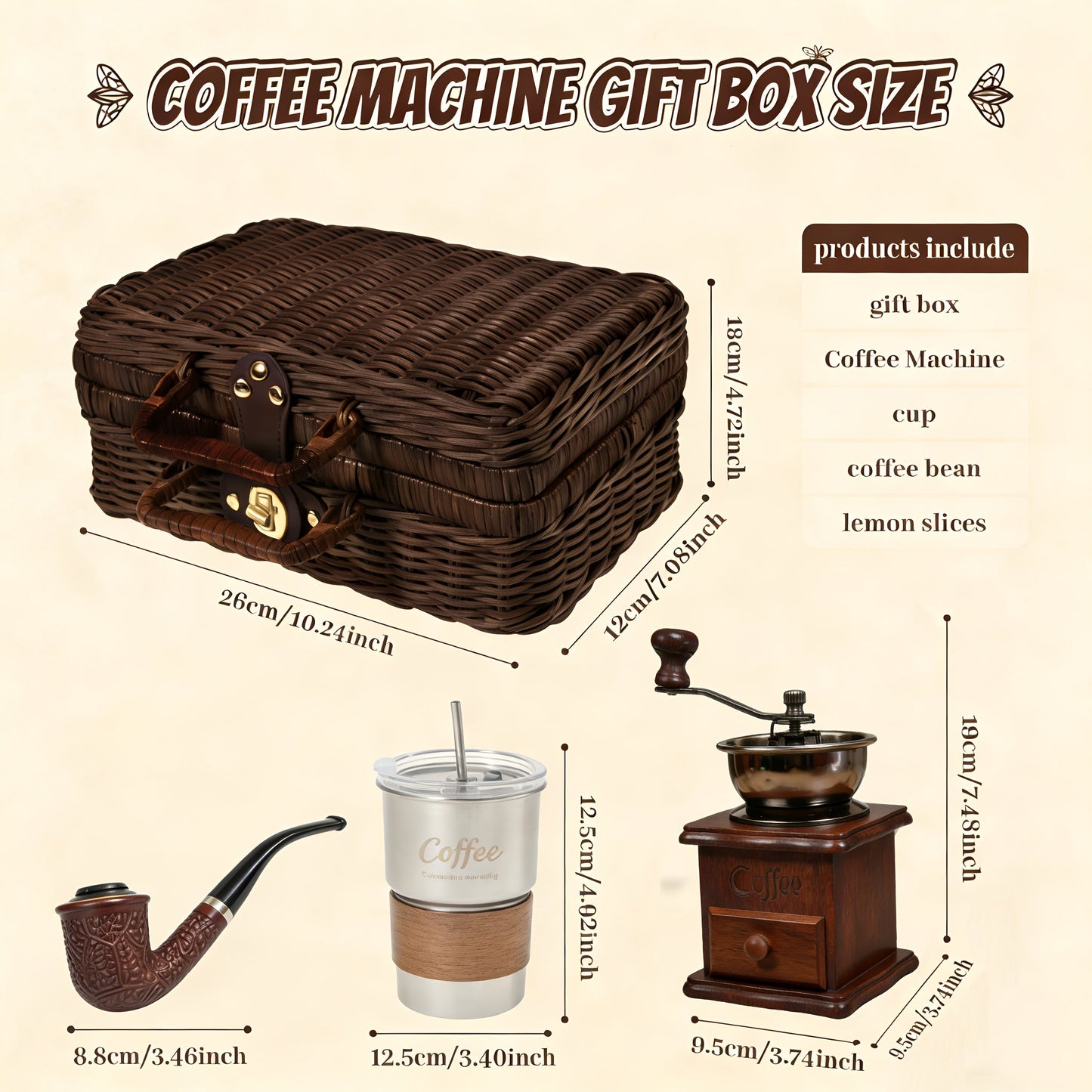 Manual Coffee Grinder Hand Grinder with 304 Stainless Steel Burr, Portable Square Coffee Mill for Travel, Camping, Office & Food Truck, Vintage & Brown Pipe Style, Perfect Coffee Gift Set