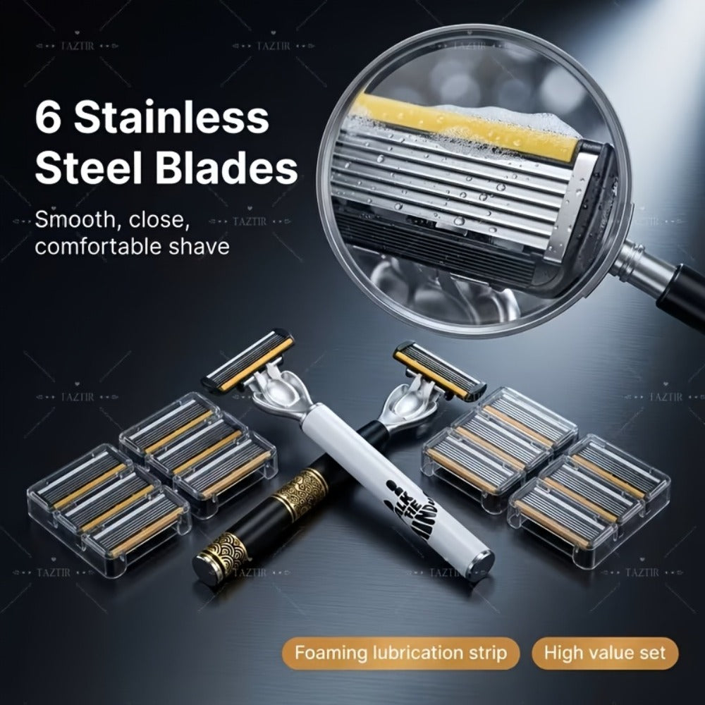 Men's Shaving Kit with Two Handles and 72 Six-Layer Replacement Blades for Beard and Mustache Grooming