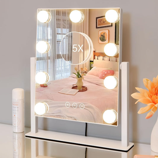 Makeup Mirror with Nine Bulb-Style LEDs, Three Light Colors, Touch Memory, 360° Rotation and Optional 5X Mirror