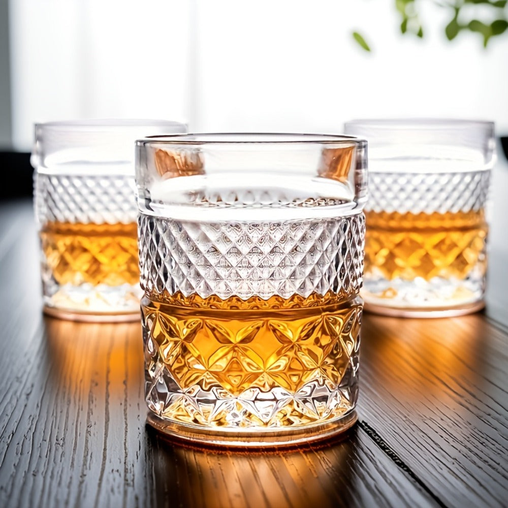 Single Embossed Whiskey Tumbler with Square Rim, Diamond-Cut Pattern and Thick Clear Base for Home Bar Service