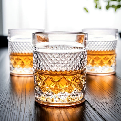 Single Embossed Whiskey Tumbler with Square Rim, Diamond-Cut Pattern and Thick Clear Base for Home Bar Service