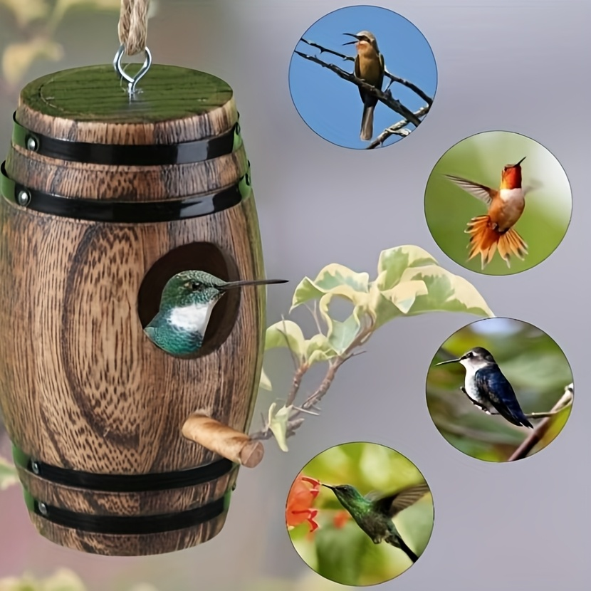Vintage Barrel-Style Wooden Hanging Birdhouse with Round Entry, Perch, Rope Loop and Dark Wood Finish