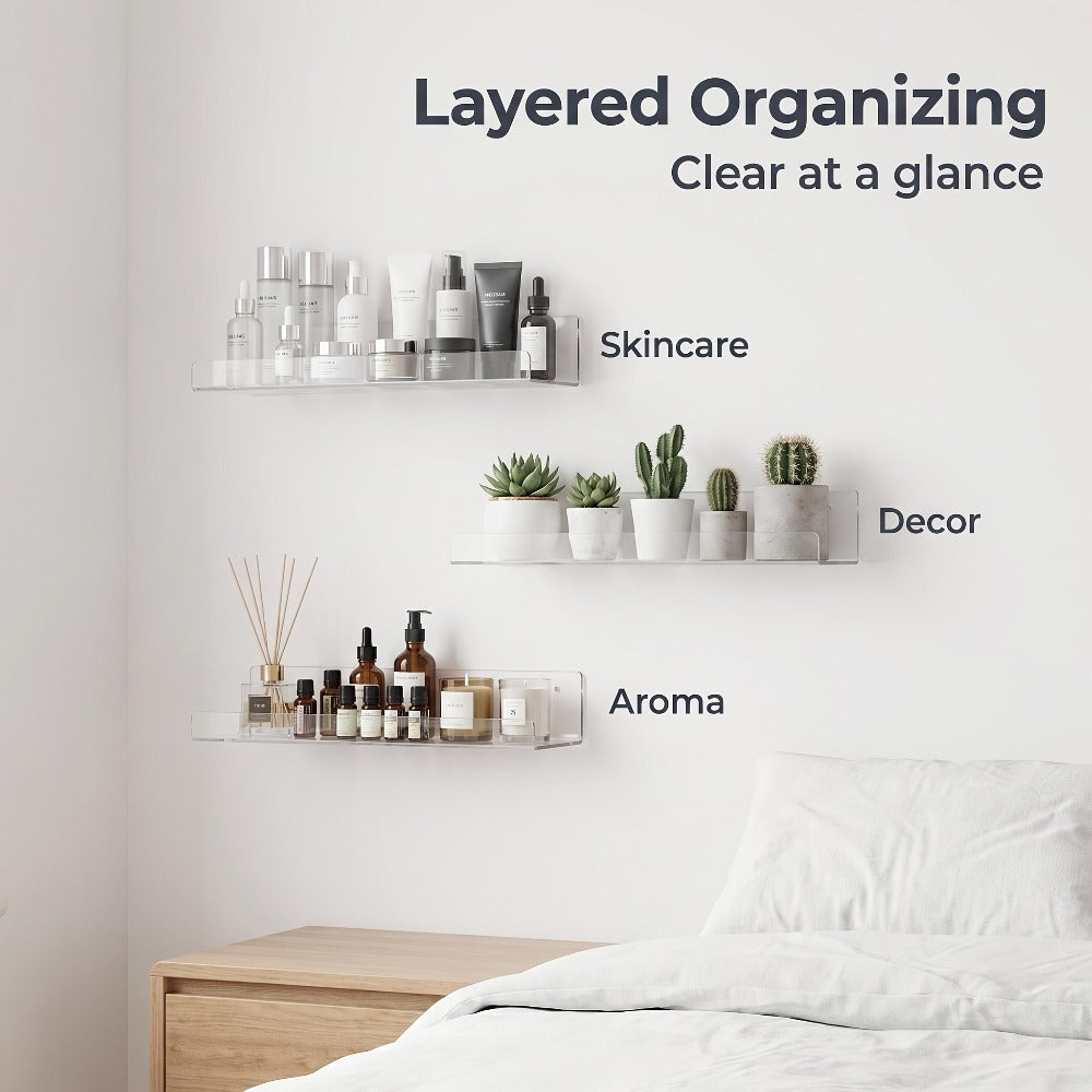 Clear Acrylic Wall Display Shelf Set in 15 x 4-Inch Size with 4, 8 or 16 Shelves and Mounting Hardware