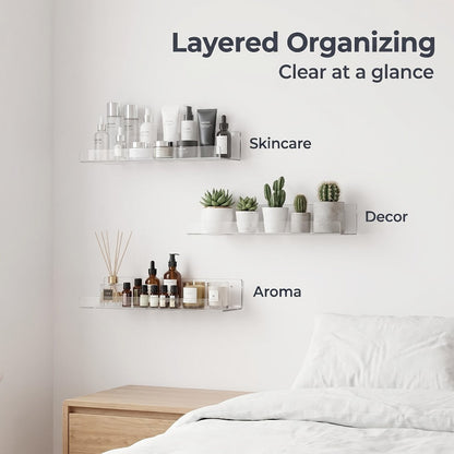 Clear Acrylic Wall Display Shelf Set in 15 x 4-Inch Size with 4, 8 or 16 Shelves and Mounting Hardware