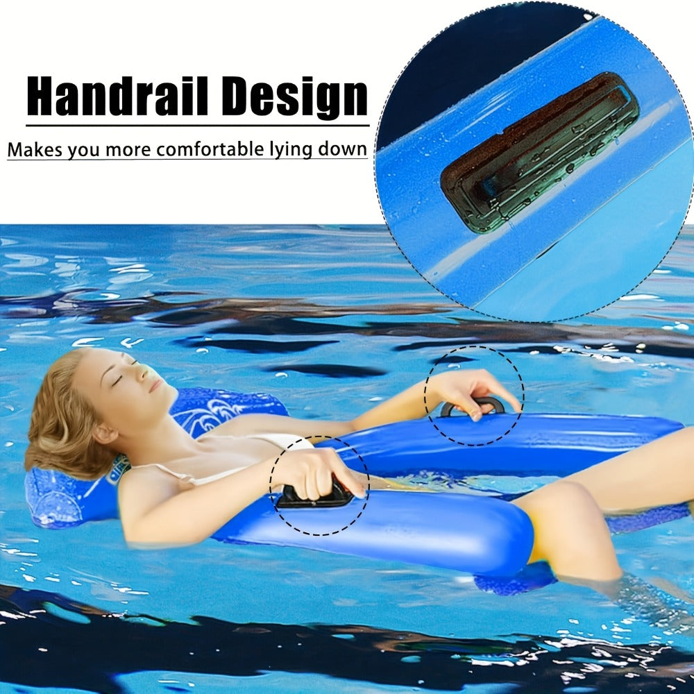 Blue Rectangular Pool Hammock with Mesh Center, Inflatable Headrest, Side Rails and Four Carry Handles