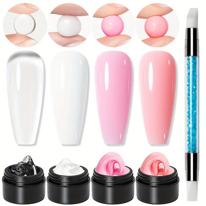 Builder Gel Nail Extension Starter Kit 5pcs Clear Nude Solid — Hard Gel Sculpting Set with Flower Molds & Sculpting Brush for 3D Floral Nail Art, Rhinestone Acrylic Extensions for Women Beginners & Salon