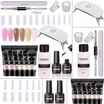 Poly Nail Gel Extension Kit 6 Colors with USB UV LED Lamp & Slip Solution - All-in-One Polygel Nail